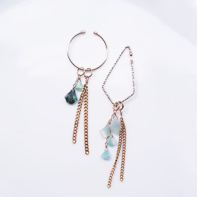 14KGFイヤーカフ アクアプレーズとチェーンの4WAY　浅葱