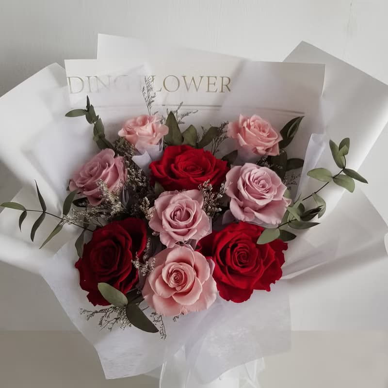 永生花+乾燥花│紅粉永生玫瑰花束 情人節