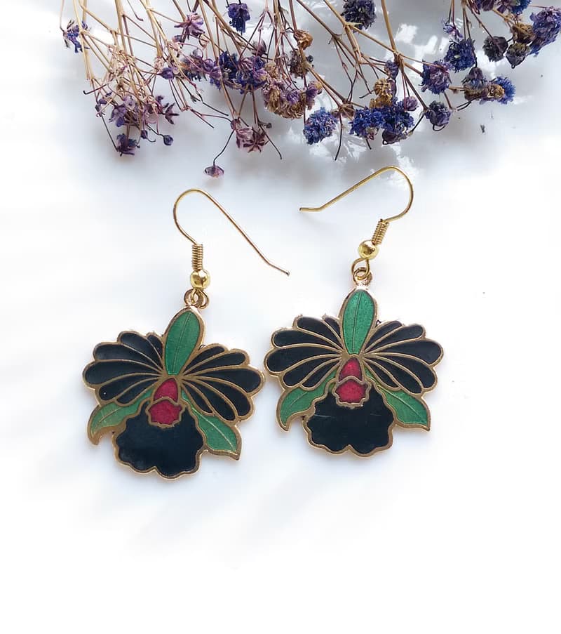Vintage Jewelry 西洋古董飾品 鳶尾花 景泰藍 耳勾 針式耳環