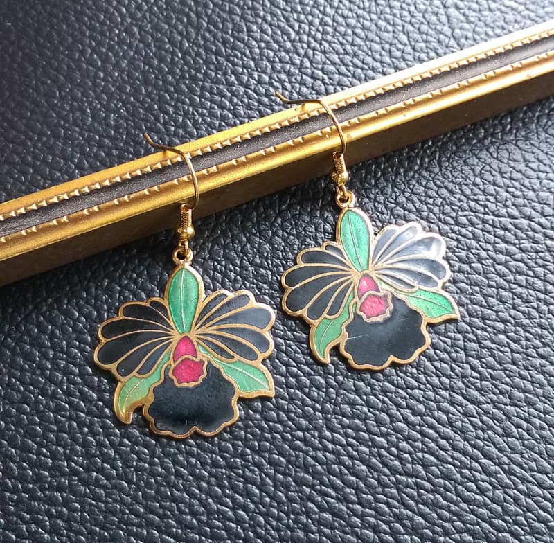 Vintage Jewelry 西洋古董飾品 鳶尾花 景泰藍 耳勾 針式耳環