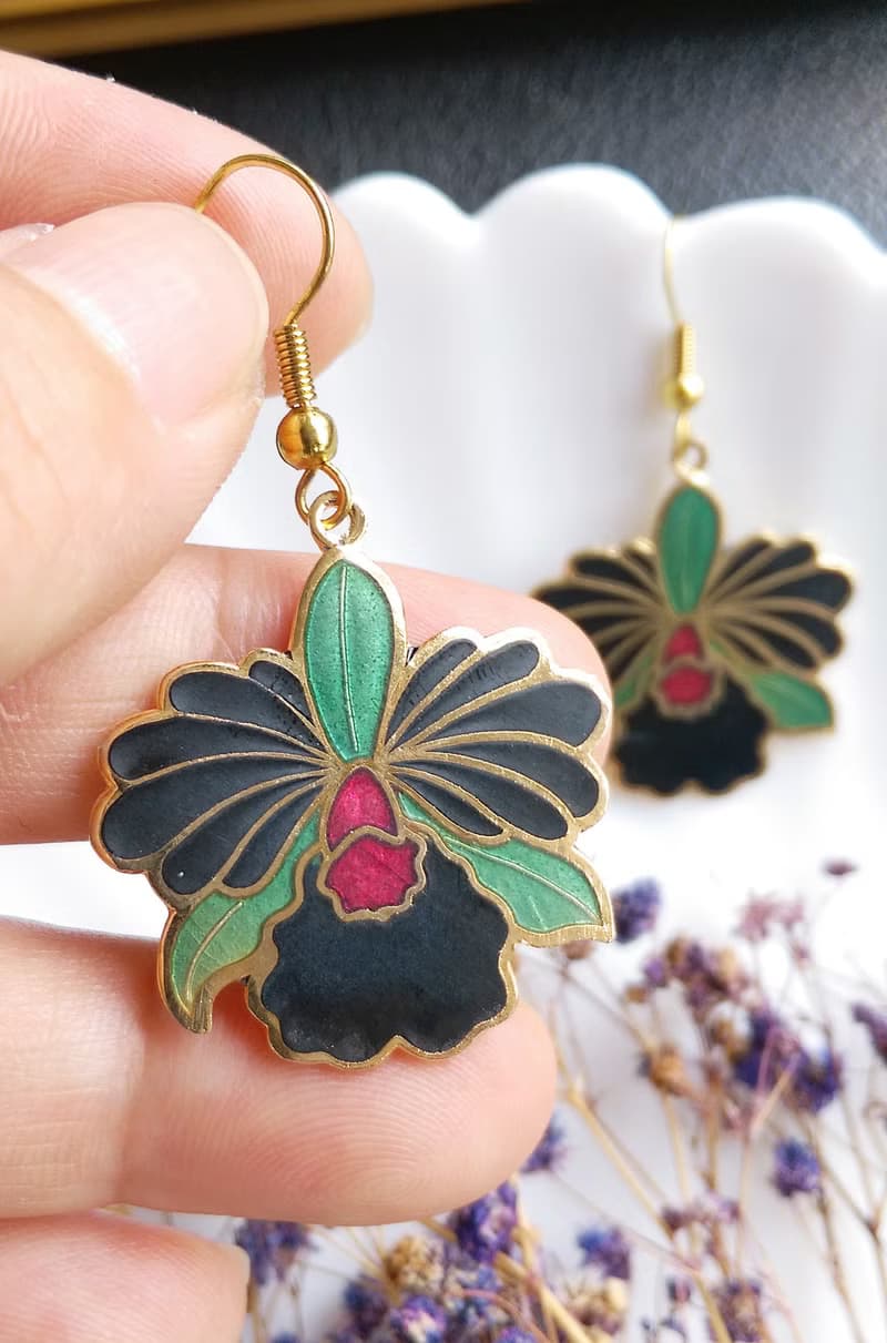 Vintage Jewelry 西洋古董飾品 鳶尾花 景泰藍 耳勾 針式耳環