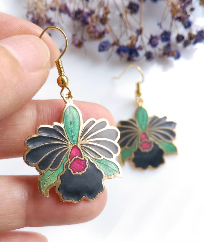 Vintage Jewelry 西洋古董飾品 鳶尾花 景泰藍 耳勾 針式耳環