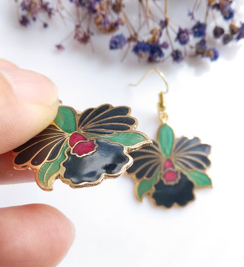 Vintage Jewelry 西洋古董飾品 鳶尾花 景泰藍 耳勾 針式耳環