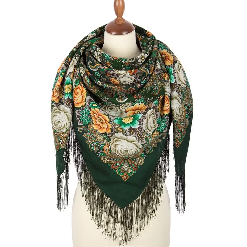 Pavlovo Posad Russian Shawl 100% Wool Scarf 125x125 cm Wrap Silk Fringe 1824-9