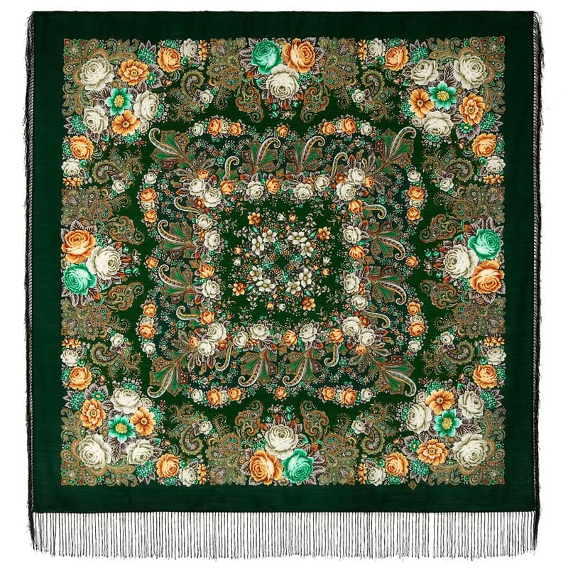 Pavlovo Posad Russian Shawl 100% Wool Scarf 125x125 cm Wrap Silk Fringe 1824-9