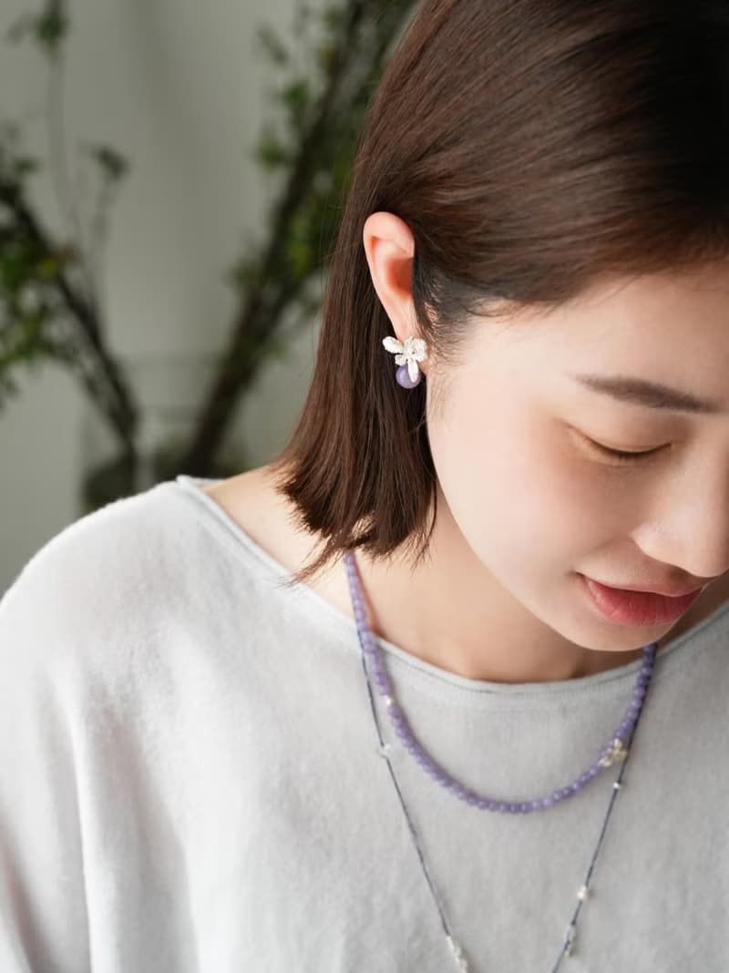 原創鳶絡鳶尾花天然紫玉髓耳環s925純銀耳釘生日禮物
