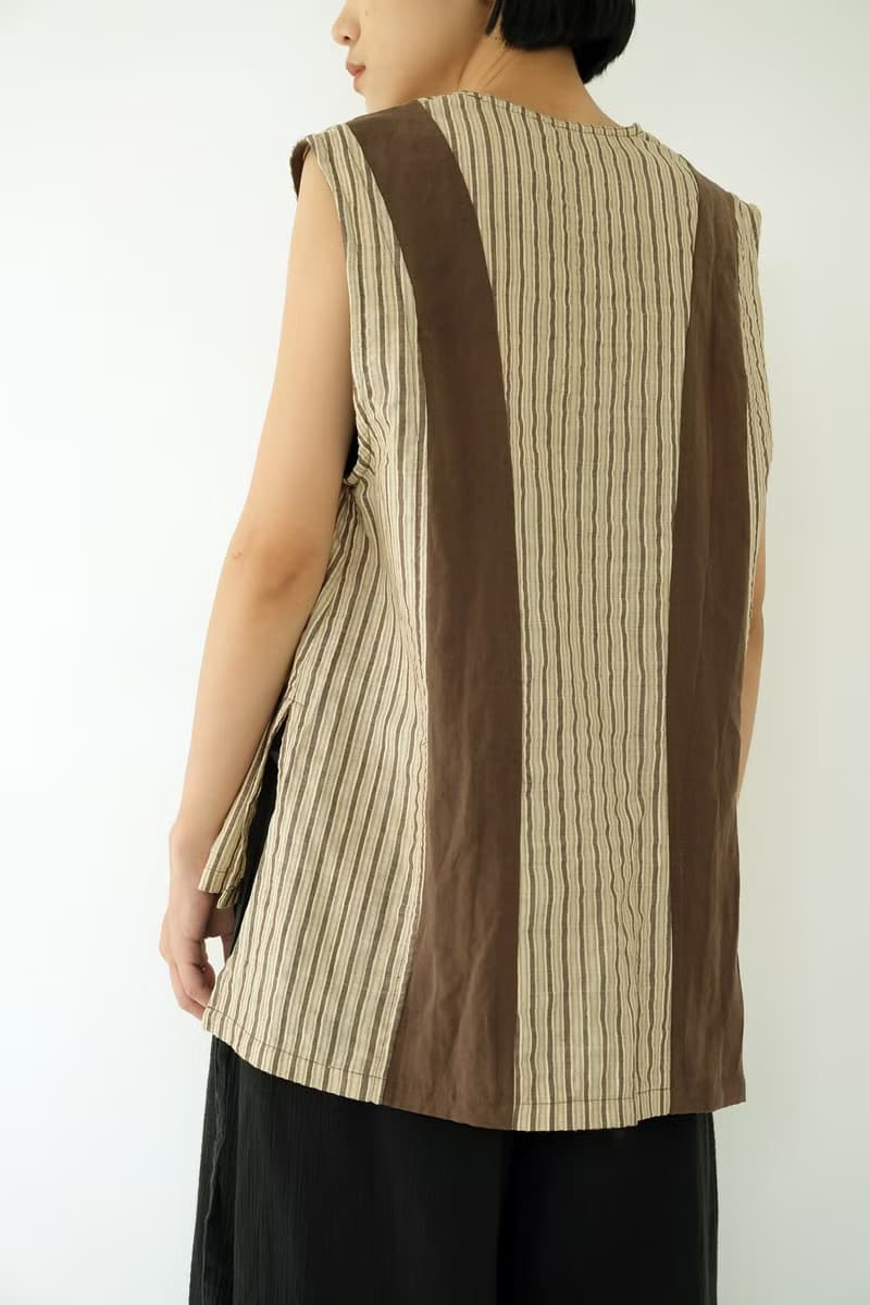 川 衣 WEAR BEING  蠶絲拼接裁片背心  咖啡/條紋