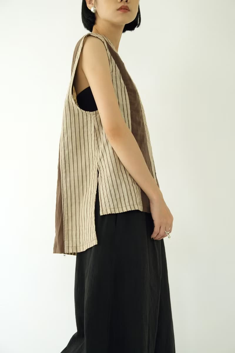 川 衣 WEAR BEING  蠶絲拼接裁片背心  咖啡/條紋