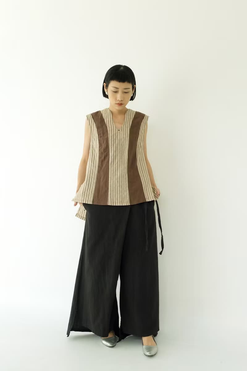 川 衣 WEAR BEING  蠶絲拼接裁片背心  咖啡/條紋