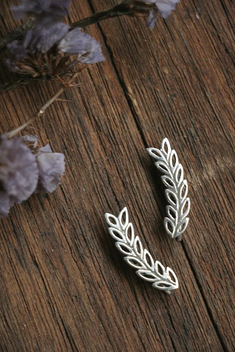 Long Leaf Earrings Sterling Silver olive Branches Ear Climber Cuff Sweep Handmad