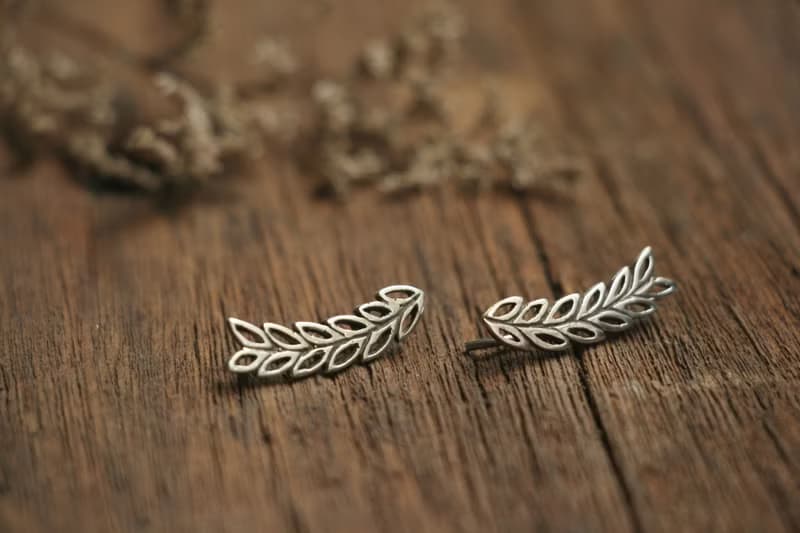 Long Leaf Earrings Sterling Silver olive Branches Ear Climber Cuff Sweep Handmad