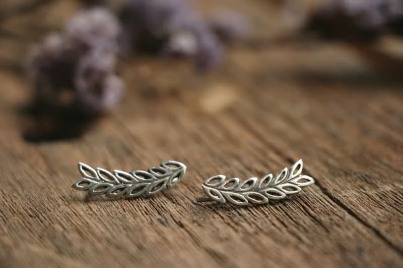 Long Leaf Earrings Sterling Silver olive Branches Ear Climber Cuff Sweep Handmad