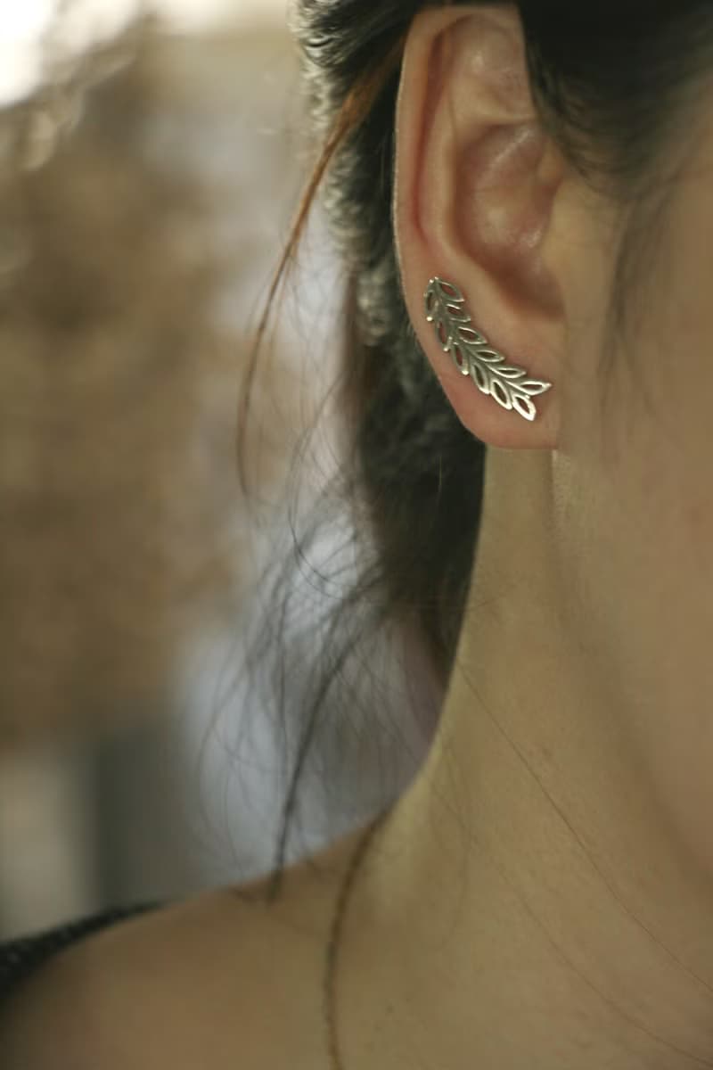 Long Leaf Earrings Sterling Silver olive Branches Ear Climber Cuff Sweep Handmad