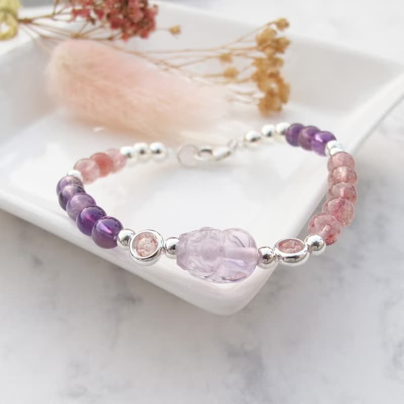 【水晶手串】開運紫晶貔貅 |草莓晶招桃花純銀水晶手鍊| 大員囡仔