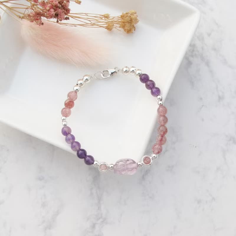【水晶手串】開運紫晶貔貅 |草莓晶招桃花純銀水晶手鍊| 大員囡仔