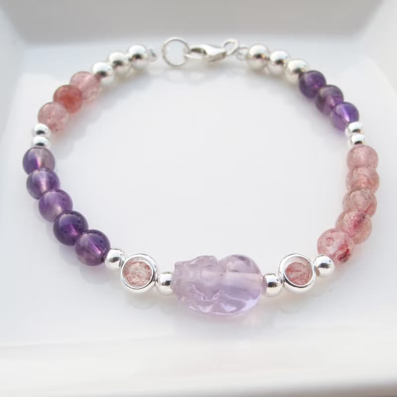 【水晶手串】開運紫晶貔貅 |草莓晶招桃花純銀水晶手鍊| 大員囡仔