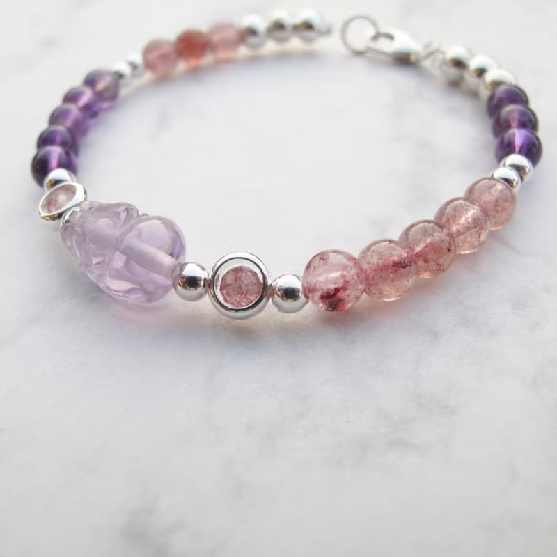 【水晶手串】開運紫晶貔貅 |草莓晶招桃花純銀水晶手鍊| 大員囡仔