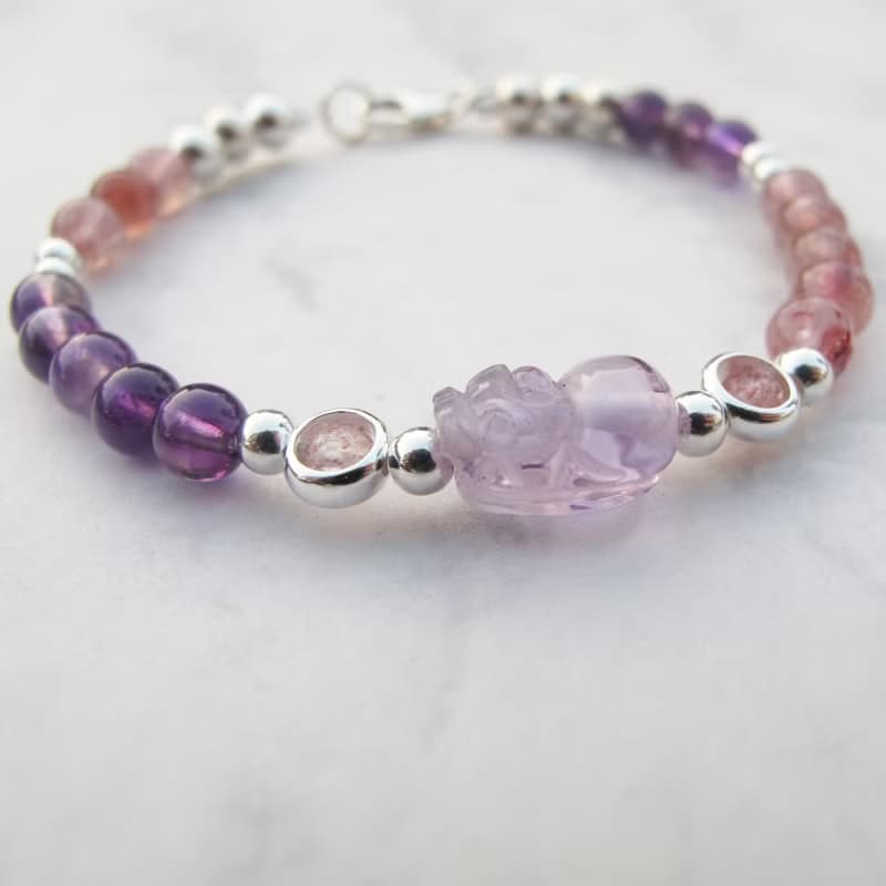 【水晶手串】開運紫晶貔貅 |草莓晶招桃花純銀水晶手鍊| 大員囡仔