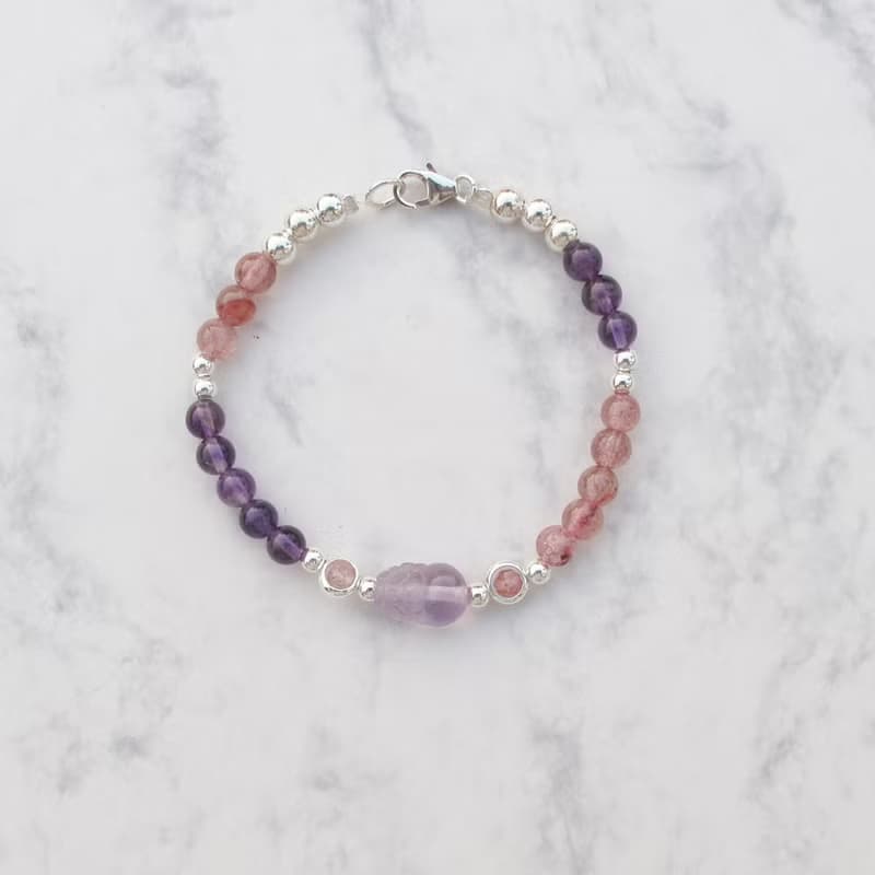 【水晶手串】開運紫晶貔貅 |草莓晶招桃花純銀水晶手鍊| 大員囡仔