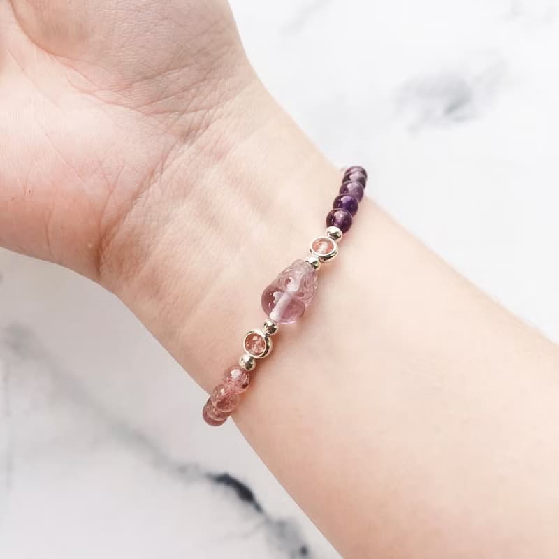 【水晶手串】開運紫晶貔貅 |草莓晶招桃花純銀水晶手鍊| 大員囡仔