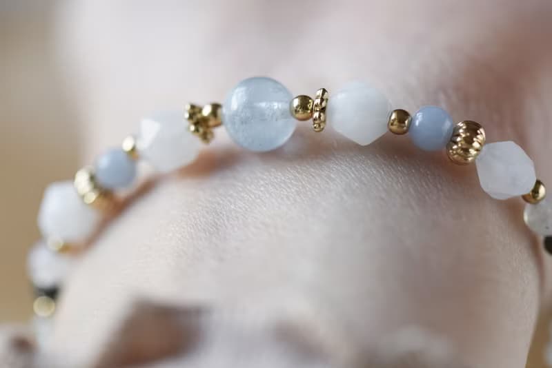 雪花冰。冰種海藍寶 摩根石 天使石 月亮石14K包金 天然石手鍊