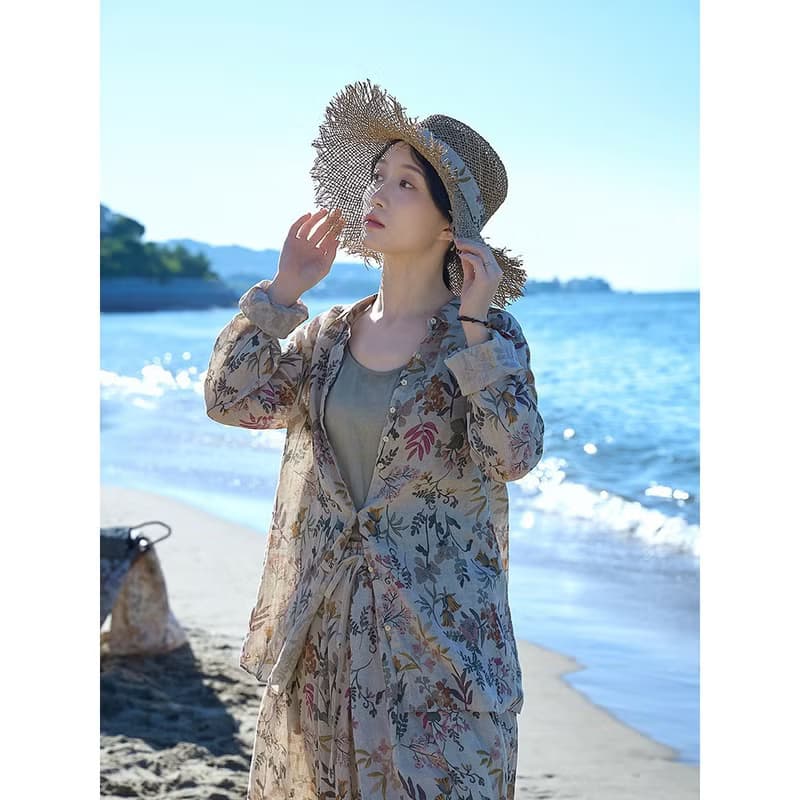 麻系碎花純亞麻輕盈透氣小翻領襯衫