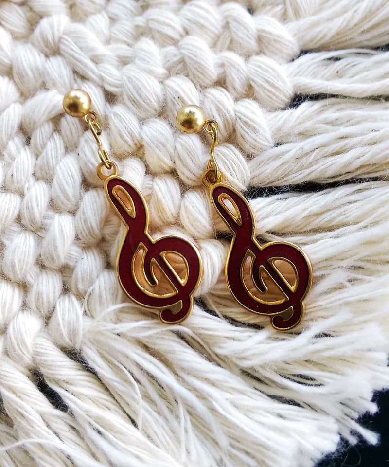 Vintage Jewelry 西洋古董西洋飾品 景泰藍 紅色音符 針式耳環