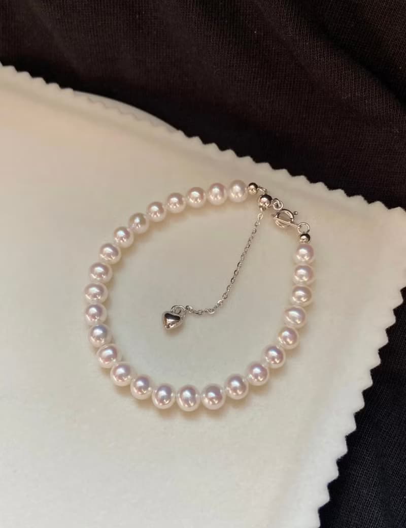 YuanPearl天然高級極光5-5.5mm近正圓珍珠手鍊純銀手鍊可調節長度