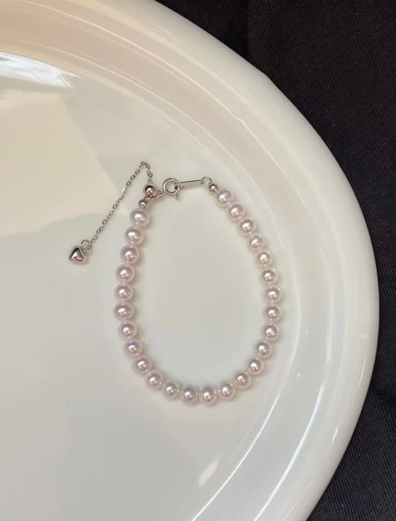 YuanPearl天然高級極光5-5.5mm近正圓珍珠手鍊純銀手鍊可調節長度