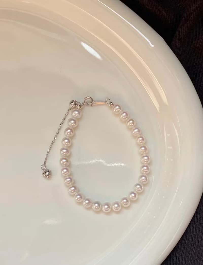 YuanPearl天然高級極光5-5.5mm近正圓珍珠手鍊純銀手鍊可調節長度