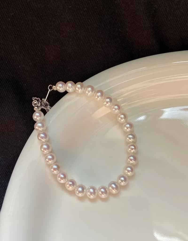 YuanPearl天然高級極光5-5.5mm近正圓珍珠手鍊純銀手鍊可調節長度