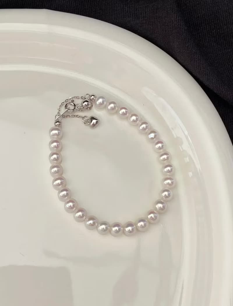 YuanPearl天然高級極光5-5.5mm近正圓珍珠手鍊純銀手鍊可調節長度