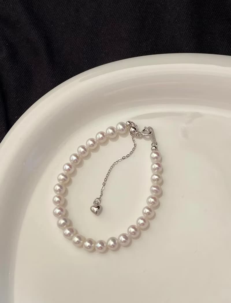 YuanPearl天然高級極光5-5.5mm近正圓珍珠手鍊純銀手鍊可調節長度