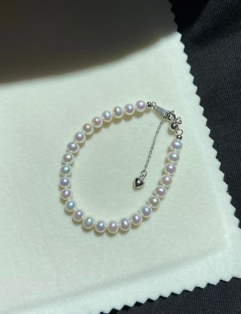 YuanPearl天然高級極光5-5.5mm近正圓珍珠手鍊純銀手鍊可調節長度