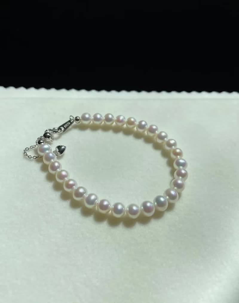 YuanPearl天然高級極光5-5.5mm近正圓珍珠手鍊純銀手鍊可調節長度