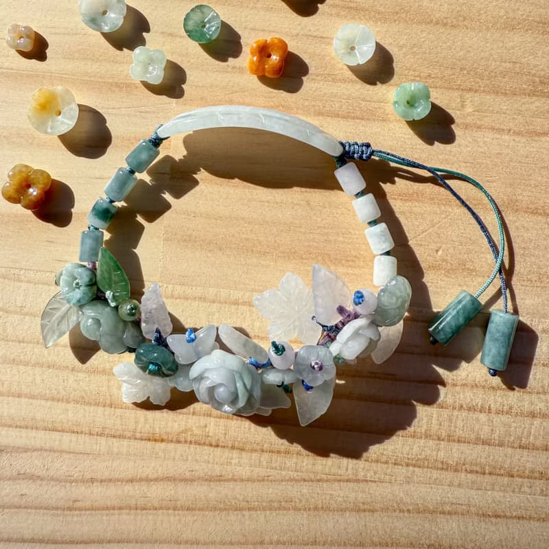 手工編織翡翠手鍊 — 藍紫花園裡的小兔子