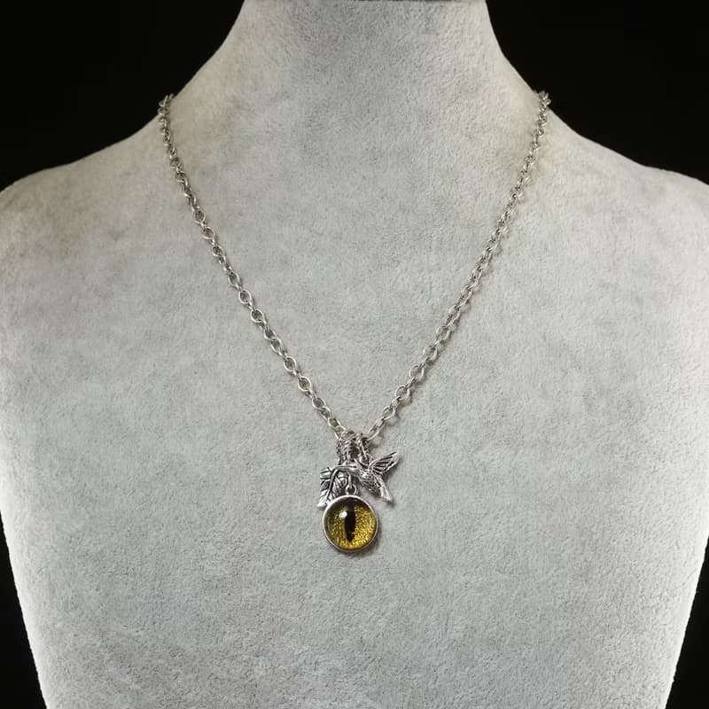 Clear Yellow Glass Cat Eye Evil Eye Silver Leaf Bird Protection Necklace Jewelry