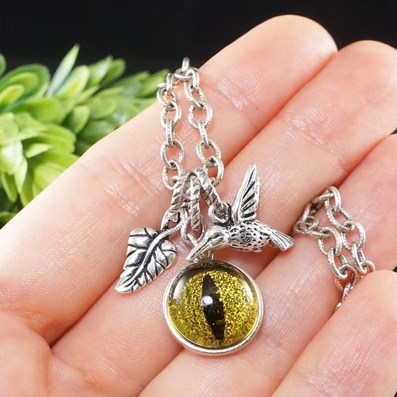 Clear Yellow Glass Cat Eye Evil Eye Silver Leaf Bird Protection Necklace Jewelry