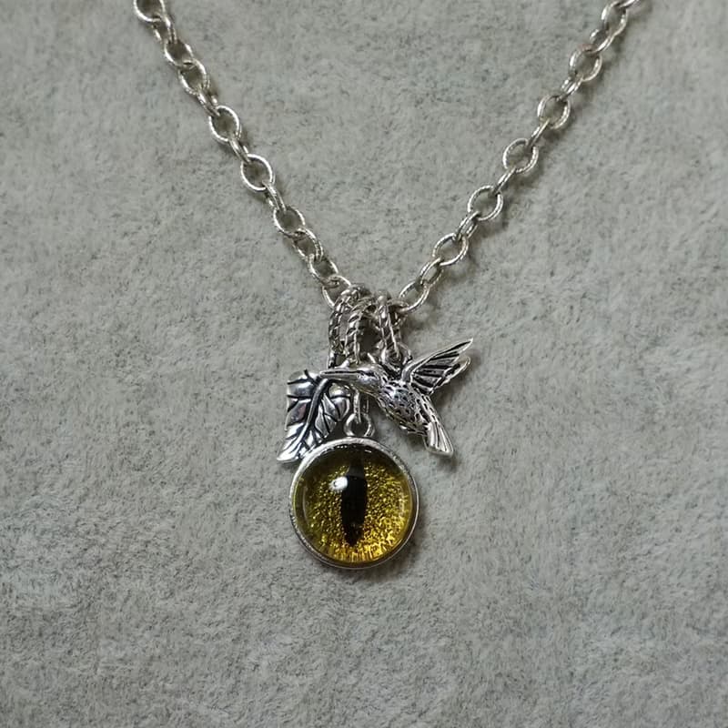 Clear Yellow Glass Cat Eye Evil Eye Silver Leaf Bird Protection Necklace Jewelry