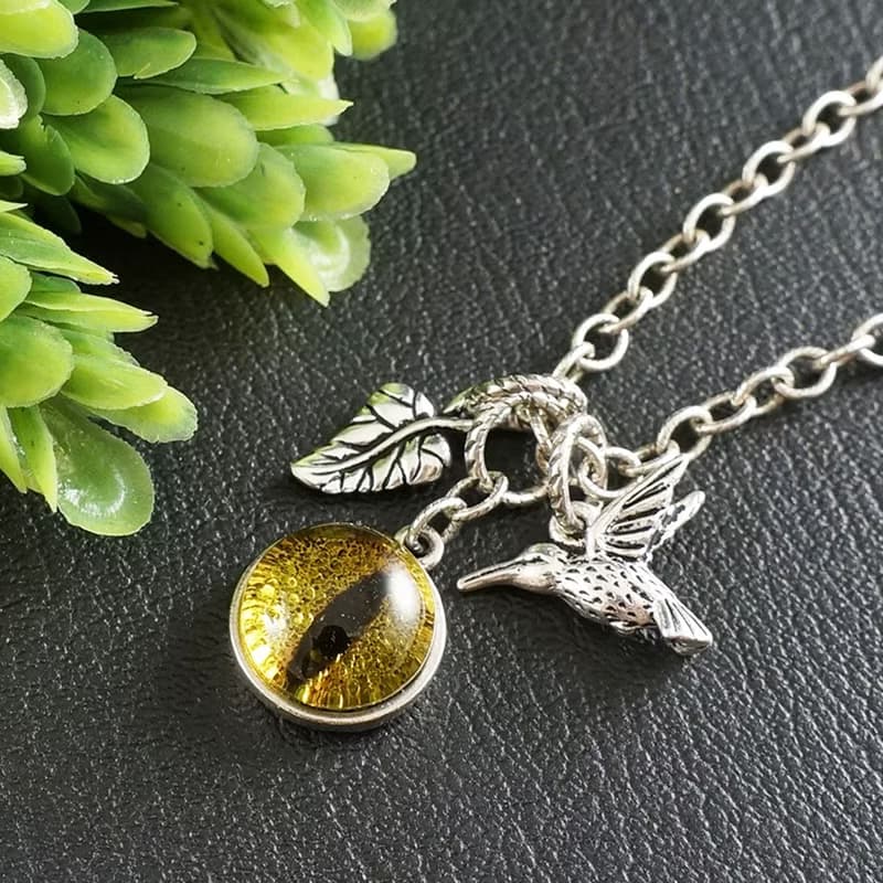 Clear Yellow Glass Cat Eye Evil Eye Silver Leaf Bird Protection Necklace Jewelry