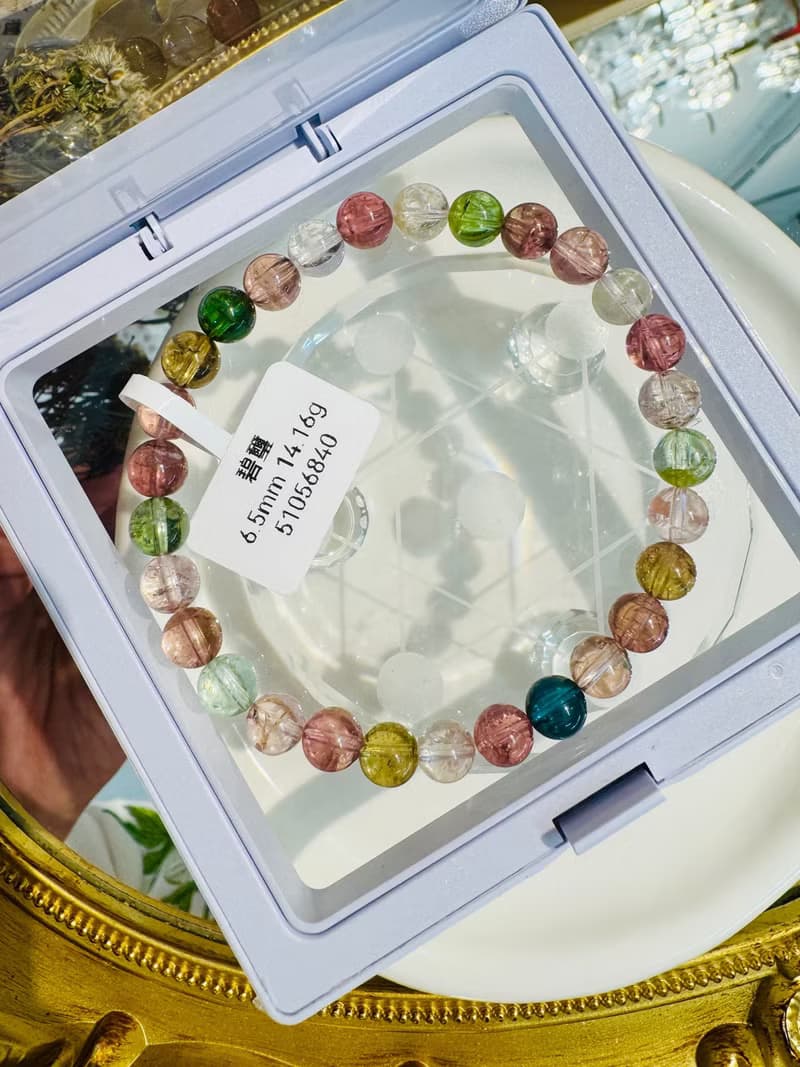 天然明亮色系老礦彩碧璽6.5mm14.16g帶藍碧璽手圍可達17cm