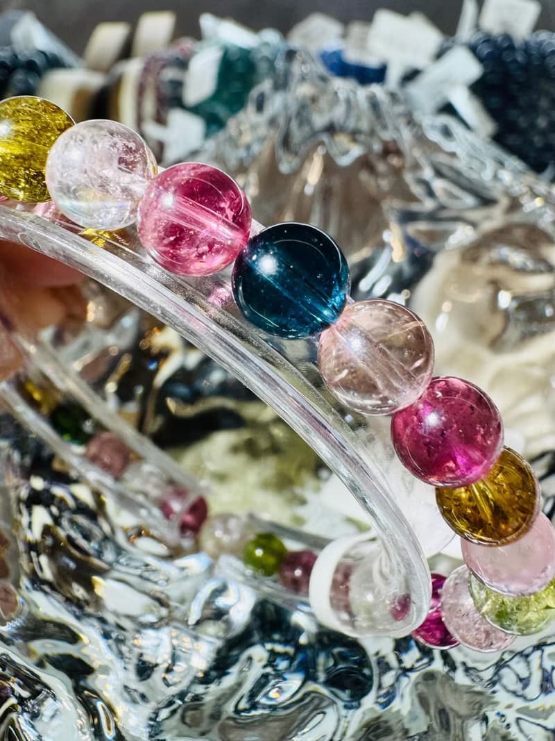 天然明亮色系老礦彩碧璽6.5mm14.16g帶藍碧璽手圍可達17cm