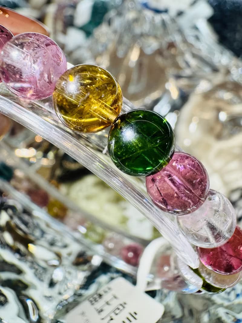 天然明亮色系老礦彩碧璽6.5mm14.16g帶藍碧璽手圍可達17cm