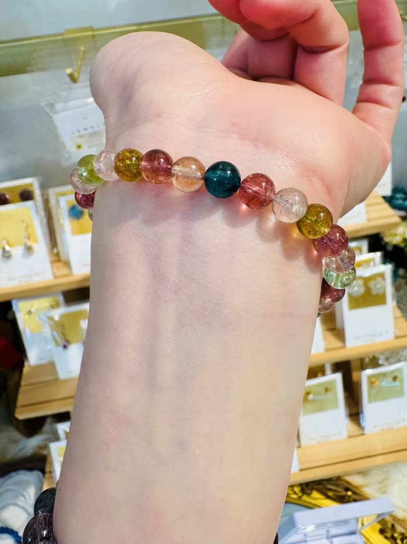 天然明亮色系老礦彩碧璽6.5mm14.16g帶藍碧璽手圍可達17cm