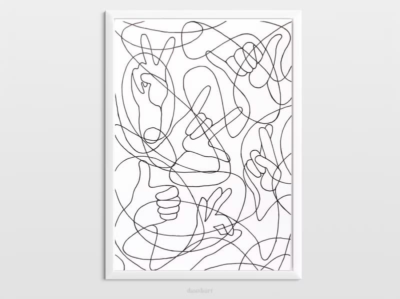 Black and white abstract hands original artwork lines drawing modern poster