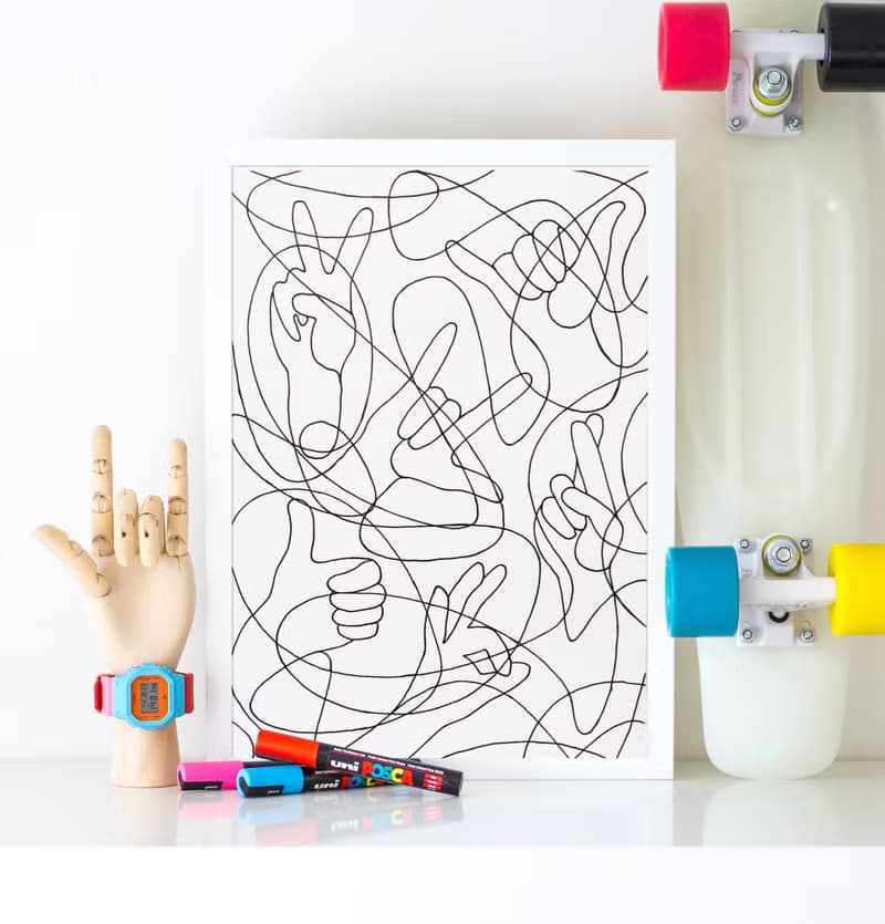 Black and white abstract hands original artwork lines drawing modern poster