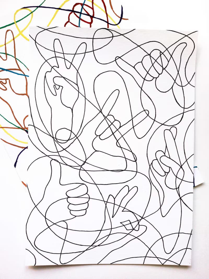 Black and white abstract hands original artwork lines drawing modern poster