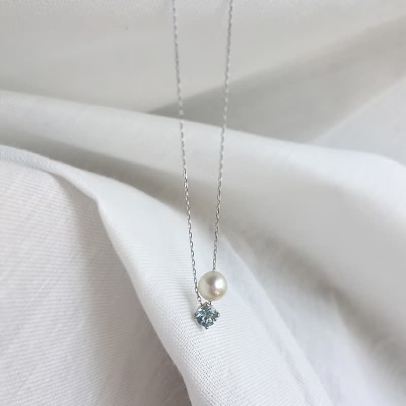 SV925/K10 Aquamarine Necklace, March Birthstone, Pearl Dainty Necklace