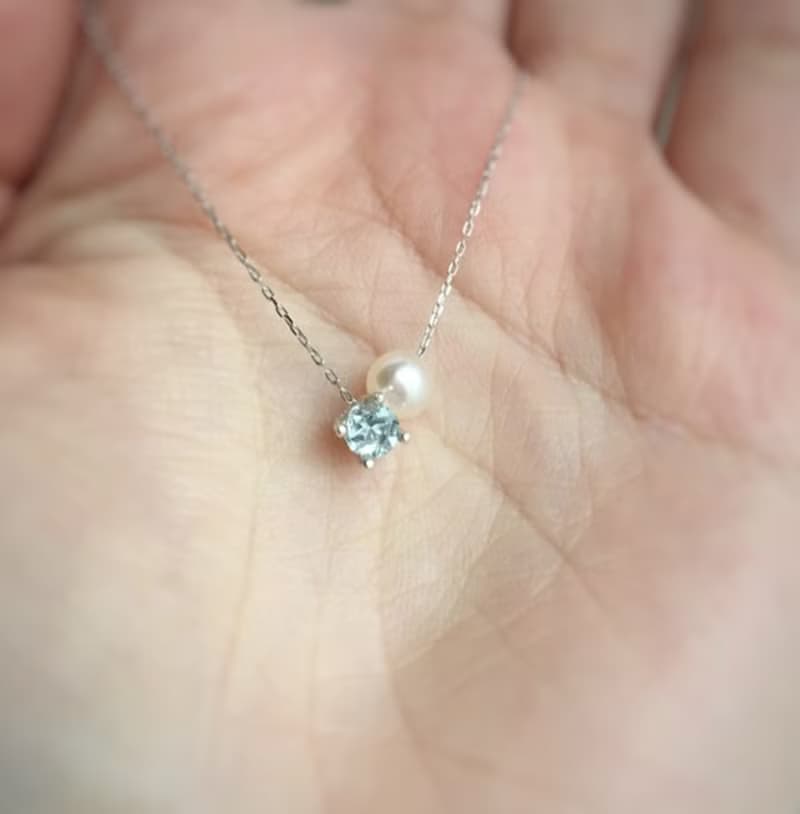 SV925/K10 Aquamarine Necklace, March Birthstone, Pearl Dainty Necklace