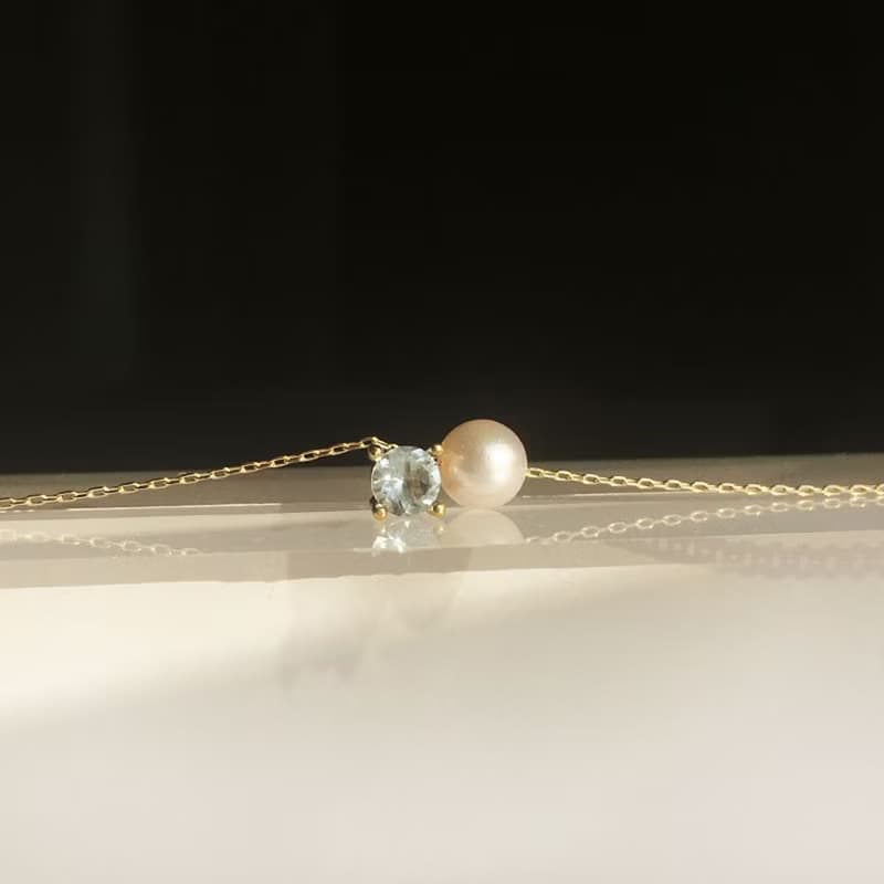 SV925/K10 Aquamarine Necklace, March Birthstone, Pearl Dainty Necklace